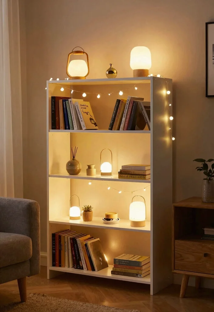 25 IKEA Living Room Bookshelf Ideas That Look Expensive - 16. Layered Lighting 1