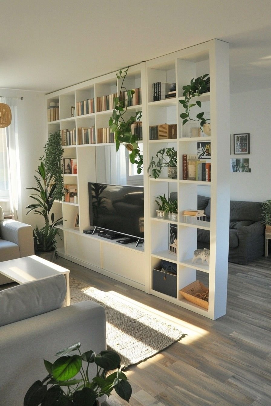 25 IKEA Living Room Bookshelf Ideas That Look Expensive - 8. Bookshelf as a Room Divider 1