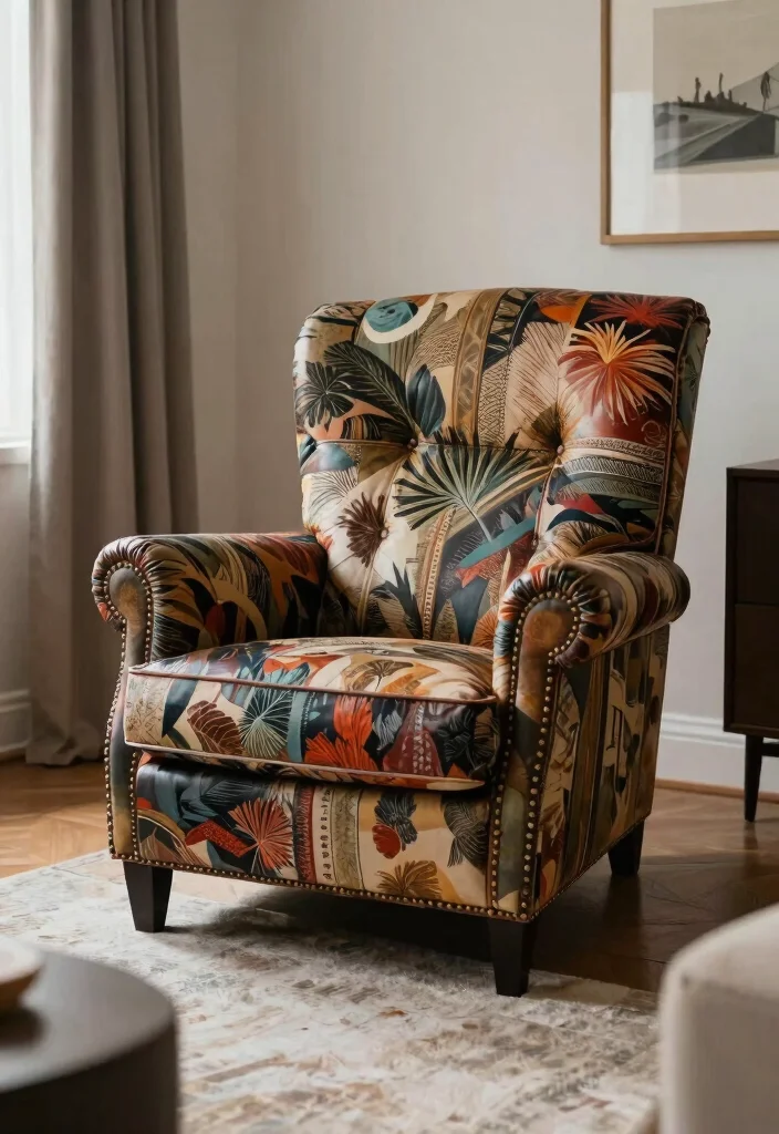 25 Leather Armchair Ideas to Elevate Your Living Room - 18. Bold Patterns and Prints 1