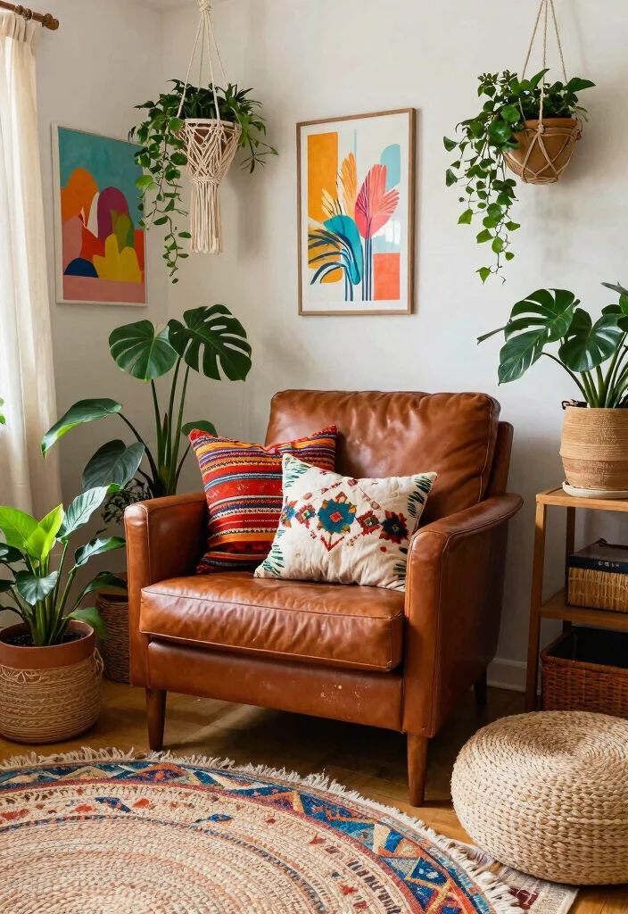 25 Leather Armchair Ideas to Elevate Your Living Room - 3. Eclectic Boho Style 1