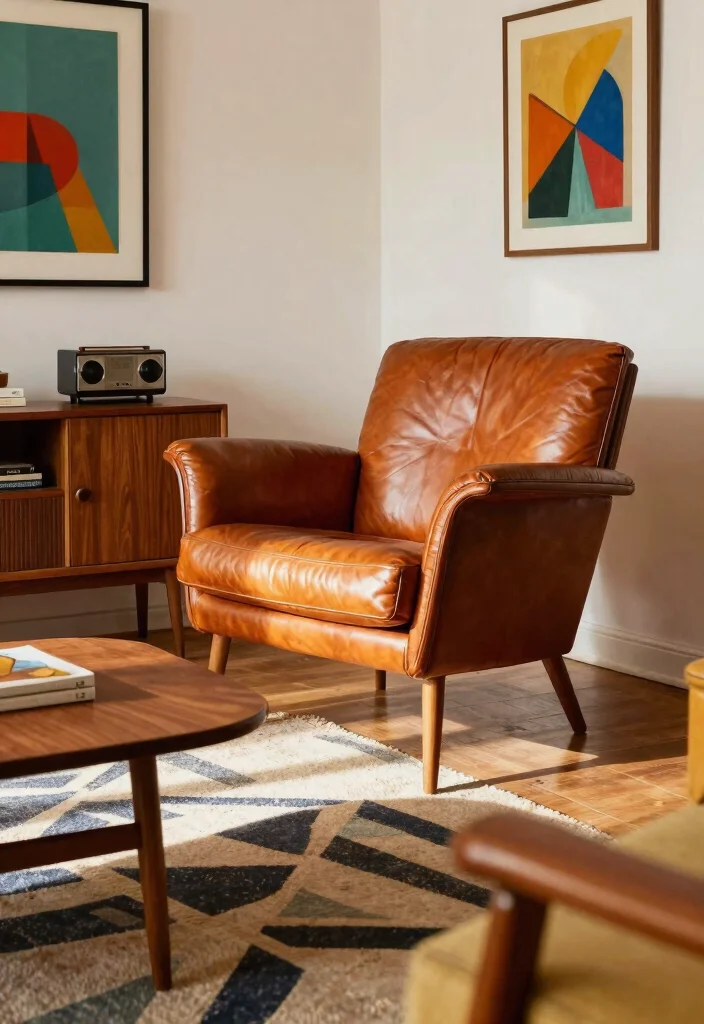 25 Leather Armchair Ideas to Elevate Your Living Room - 7. Mid-Century Modern Vibes 1