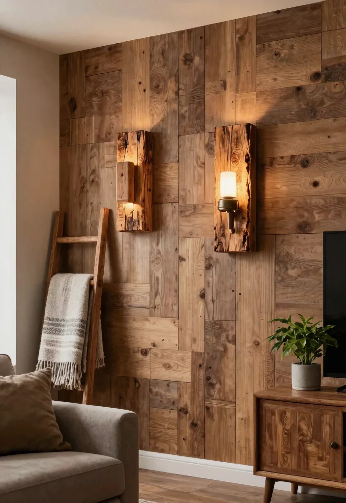 25 Living Room Wall Lamp Ideas for Warm - 11. Reclaimed Wood Sconces 1