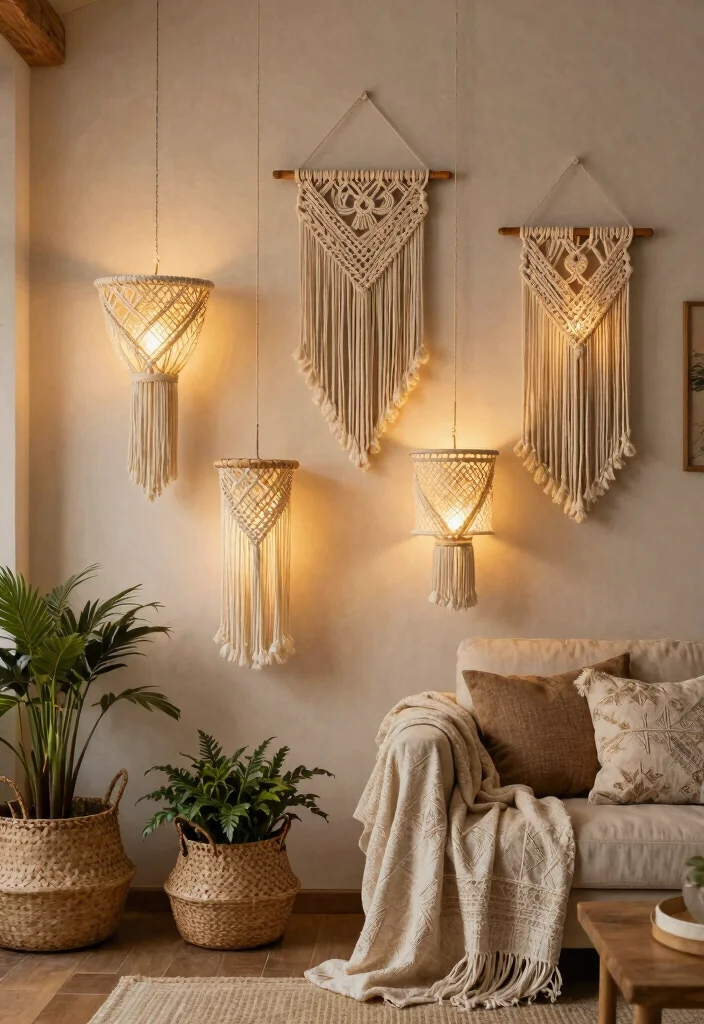 25 Living Room Wall Lamp Ideas for Warm - 9. Macramé Wall Lamps 1