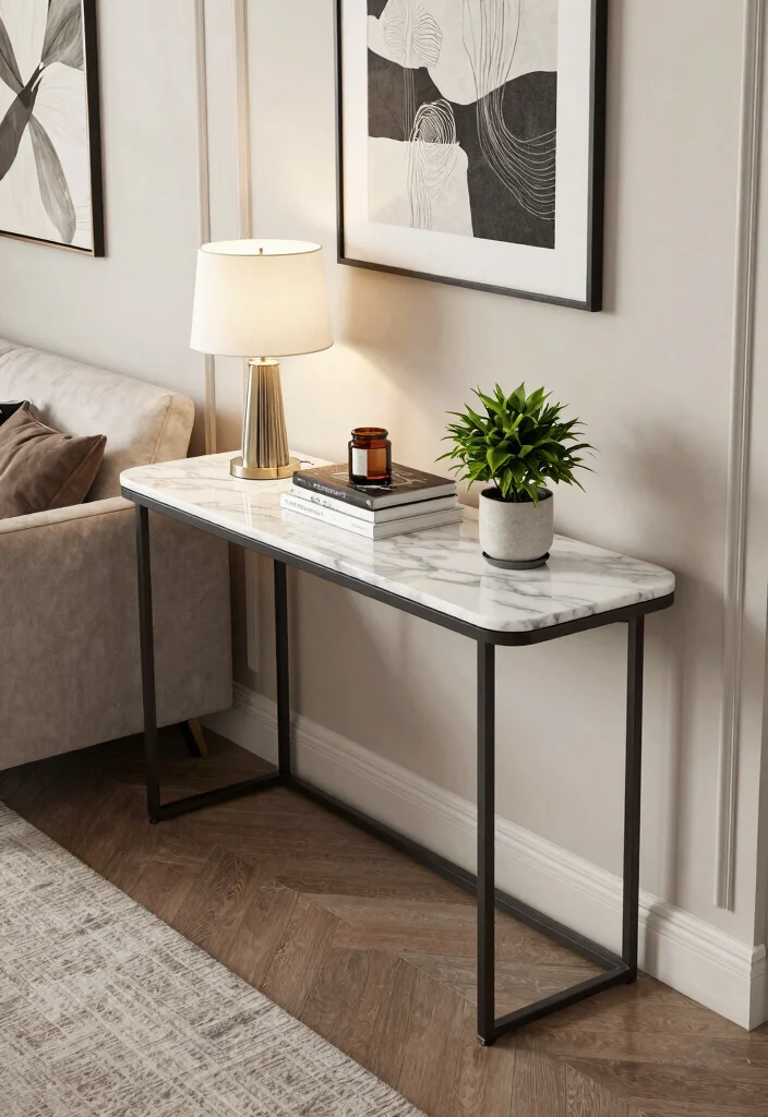 25 Marble Coffee Table Concepts for an Elevated Living Room - 16. Sofa Tables with Marble Elements 1