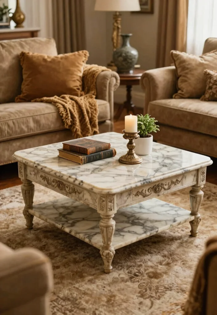 25 Marble Coffee Table Concepts for an Elevated Living Room - 17. Vintage Marble Coffee Tables 1