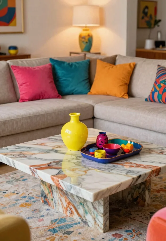 25 Marble Coffee Table Concepts for an Elevated Living Room - 18. Marble Coffee Tables with Color Accents 1