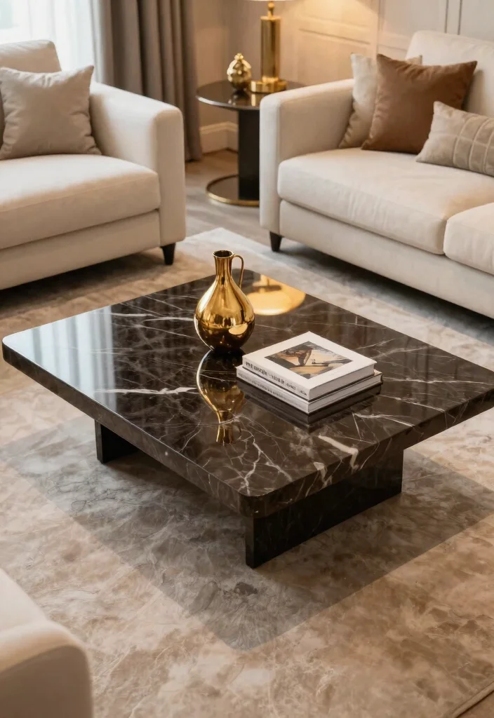 25 Marble Coffee Table Concepts for an Elevated Living Room - 24. Contrast with Dark Marble Tables 1