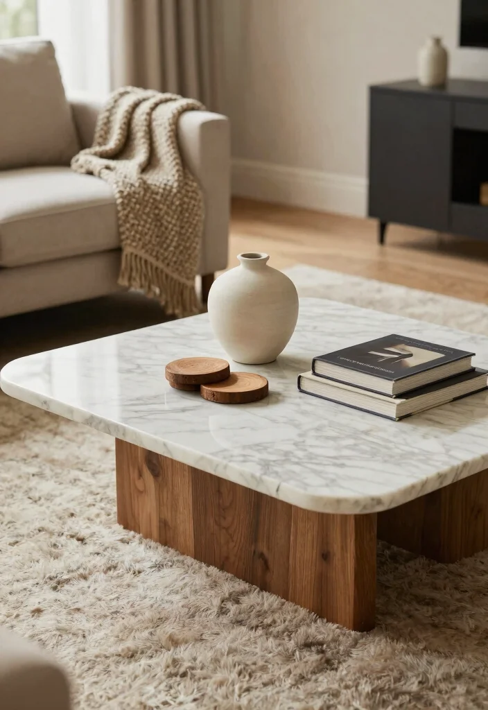 25 Marble Coffee Table Concepts for an Elevated Living Room - 3. Layered Textures with Marble 1