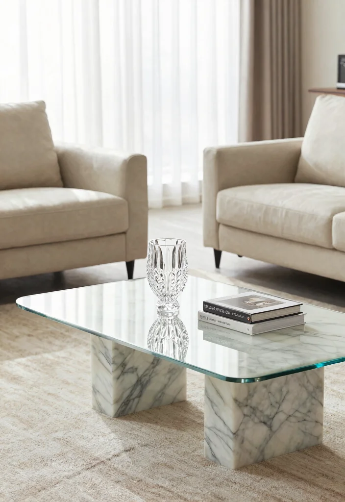 25 Marble Coffee Table Concepts for an Elevated Living Room - 5. Marble and Glass Combination 1