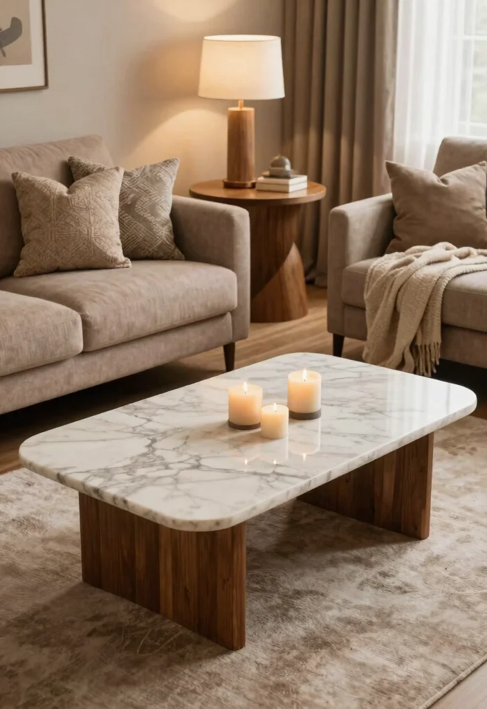 25 Marble Coffee Table Concepts for an Elevated Living Room - 6. Marble with Wood Accents 1