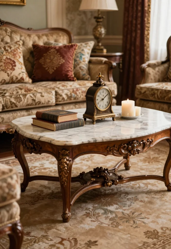 25 Marble Coffee Table Concepts for an Elevated Living Room - 8. Vintage-Inspired Marble Table 1