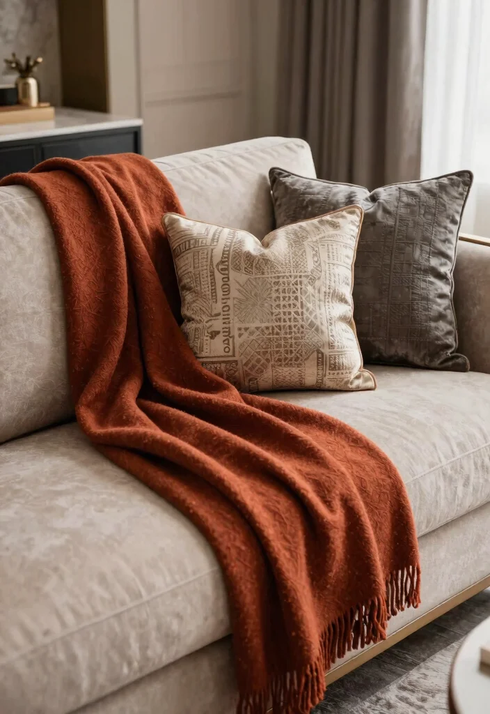 25 Perigold Living Room Ideas for a High-End Home Look - 17. Luxury Throws and Pillows 1