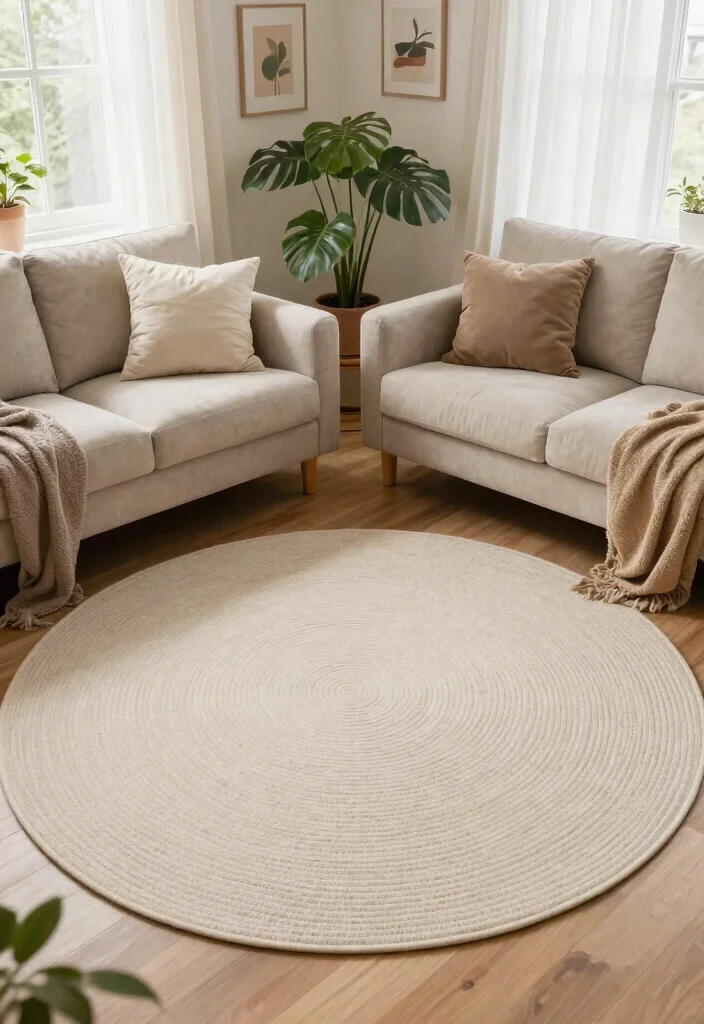 25 Round Rug Ideas That Instantly Refresh Your Living Room - 14. Simple Canvas Rugs 1