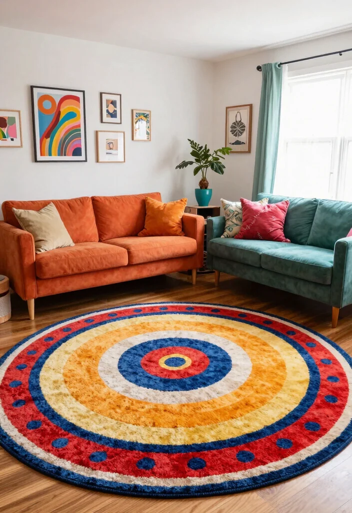 25 Round Rug Ideas That Instantly Refresh Your Living Room - 15. Lively Printed Rugs 1