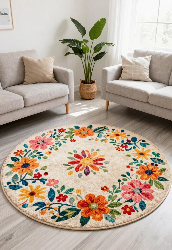 25 Round Rug Ideas That Instantly Refresh Your Living Room - 20. Bright Floral Rugs 1