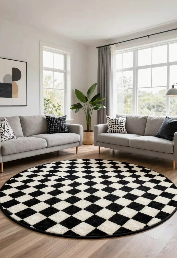 25 Round Rug Ideas That Instantly Refresh Your Living Room - 21. Classic Checkerboard Rugs 1