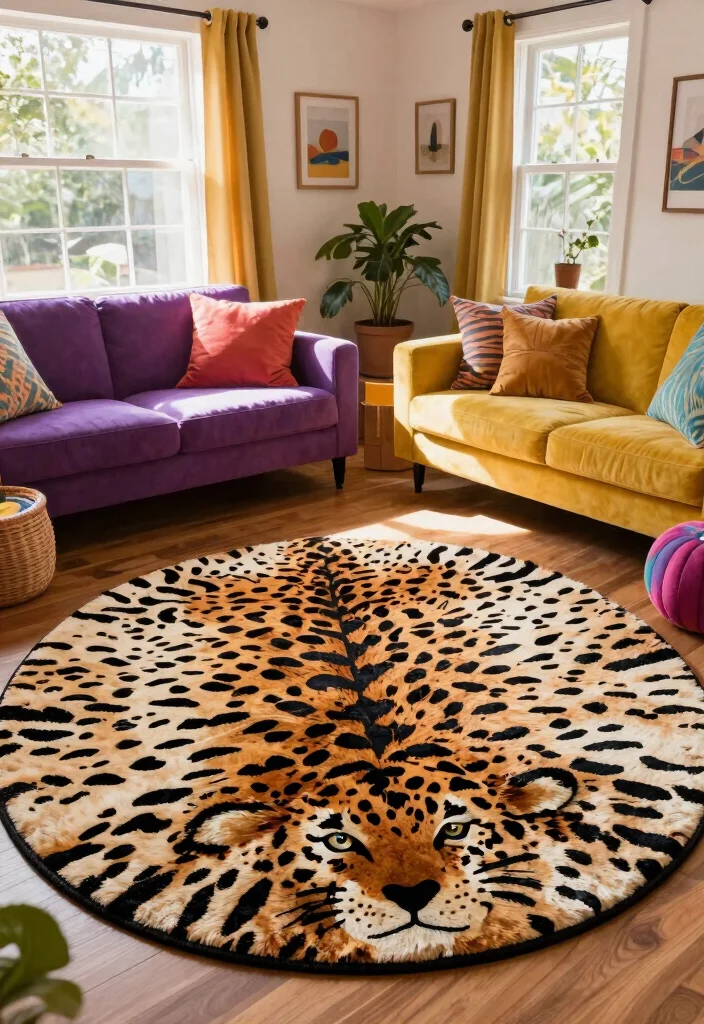25 Round Rug Ideas That Instantly Refresh Your Living Room - 23. Fun Animal Print Rugs 1