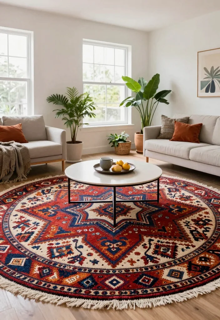25 Round Rug Ideas That Instantly Refresh Your Living Room - 3. Chic Cotton Dhurrie Rugs 1