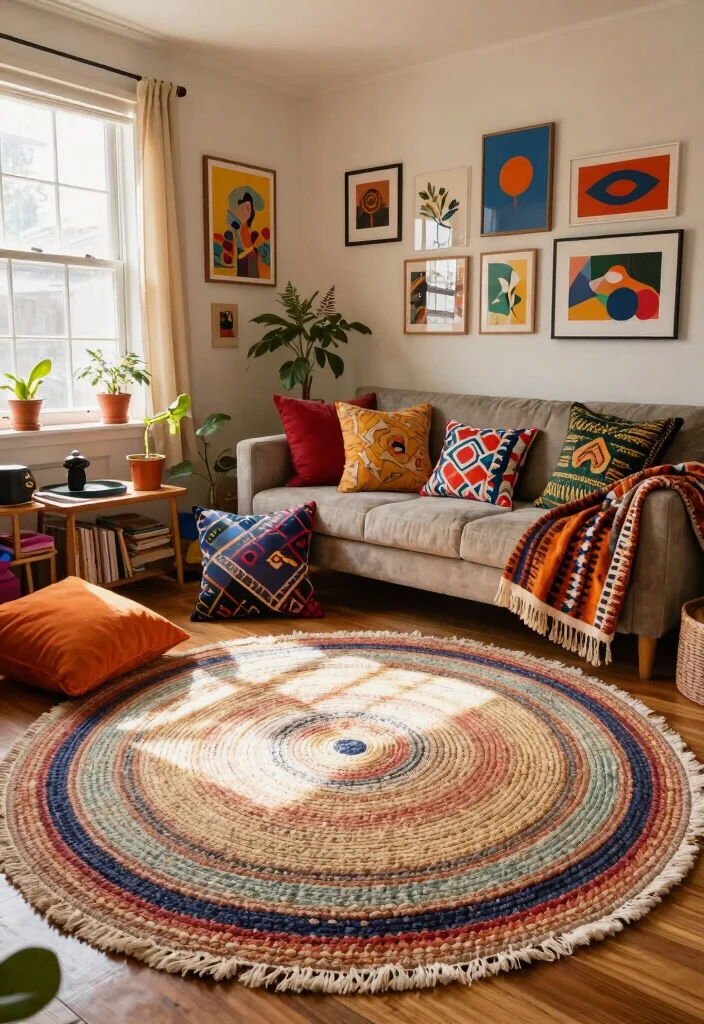 25 Round Rug Ideas That Instantly Refresh Your Living Room - 5. Artistic Handwoven Rugs 1