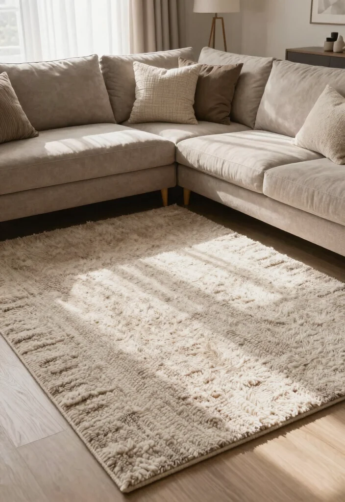 26 Big Cozy Couch Ideas for the Coziest Living Room - 10. Textured Rugs 1
