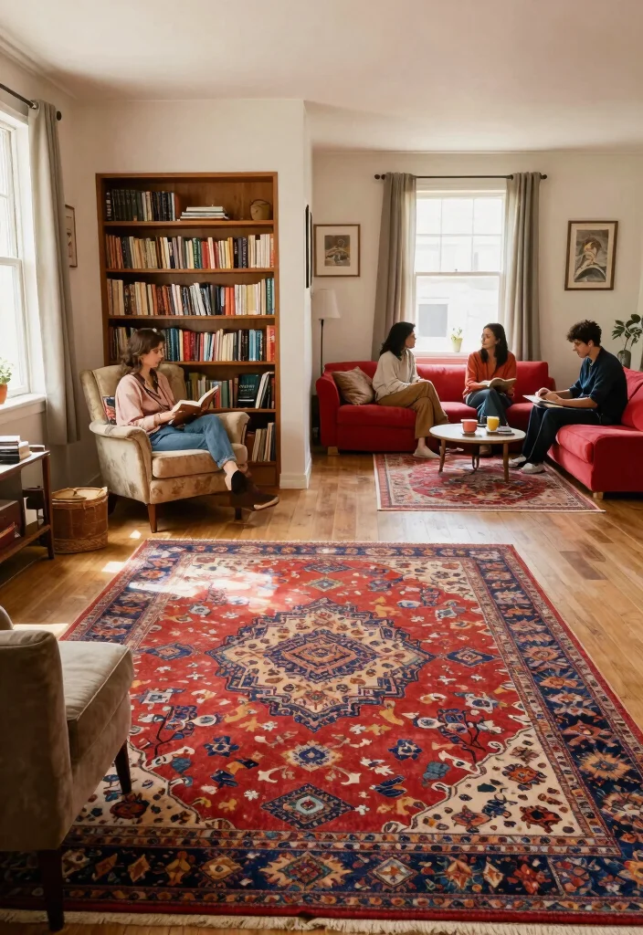 26 Colorful Vintage Rug Living Room Ideas You'll Love - 10. Creating Zones with Rugs 1