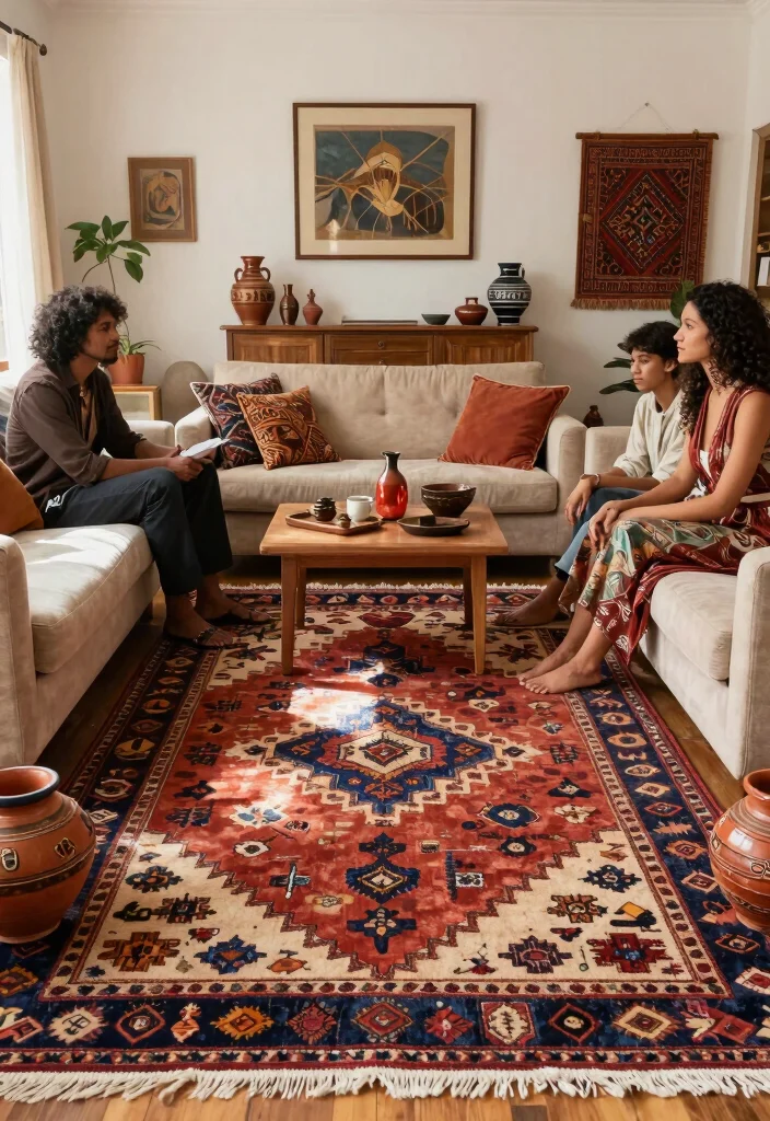 26 Colorful Vintage Rug Living Room Ideas You'll Love - 11. Vintage Rugs with Ethnic Motifs 1