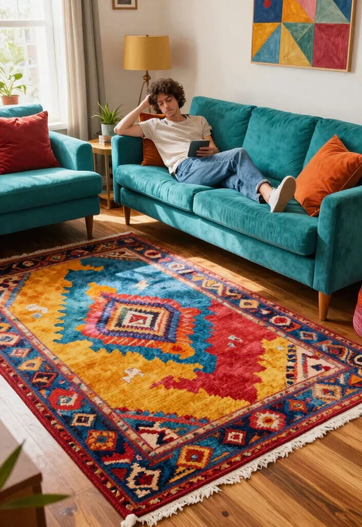 26 Colorful Vintage Rug Living Room Ideas You'll Love - 12. Color Blocking with Vintage Rugs 1