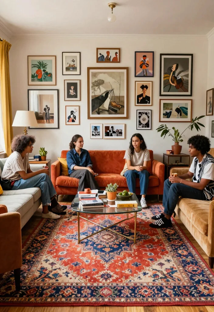 26 Colorful Vintage Rug Living Room Ideas You'll Love - 14. Eclectic Gallery Walls 1