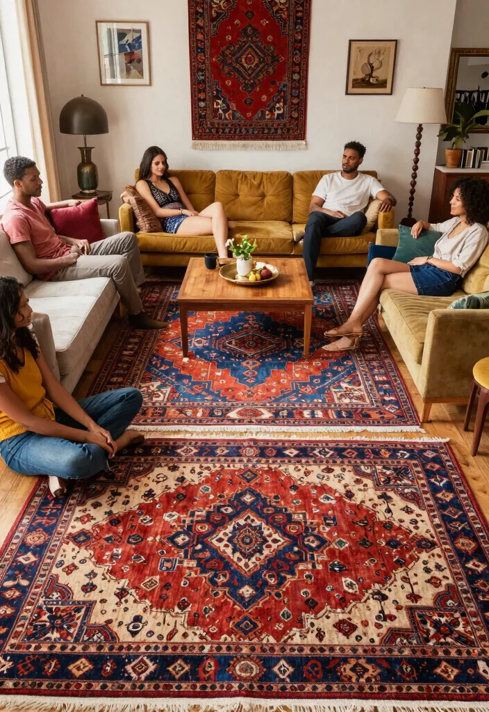 26 Colorful Vintage Rug Living Room Ideas You'll Love - 15. Vintage Rug Layering Techniques 1