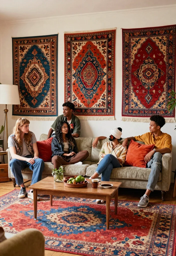 26 Colorful Vintage Rug Living Room Ideas You'll Love - 16. Rugs as Wall Art 1