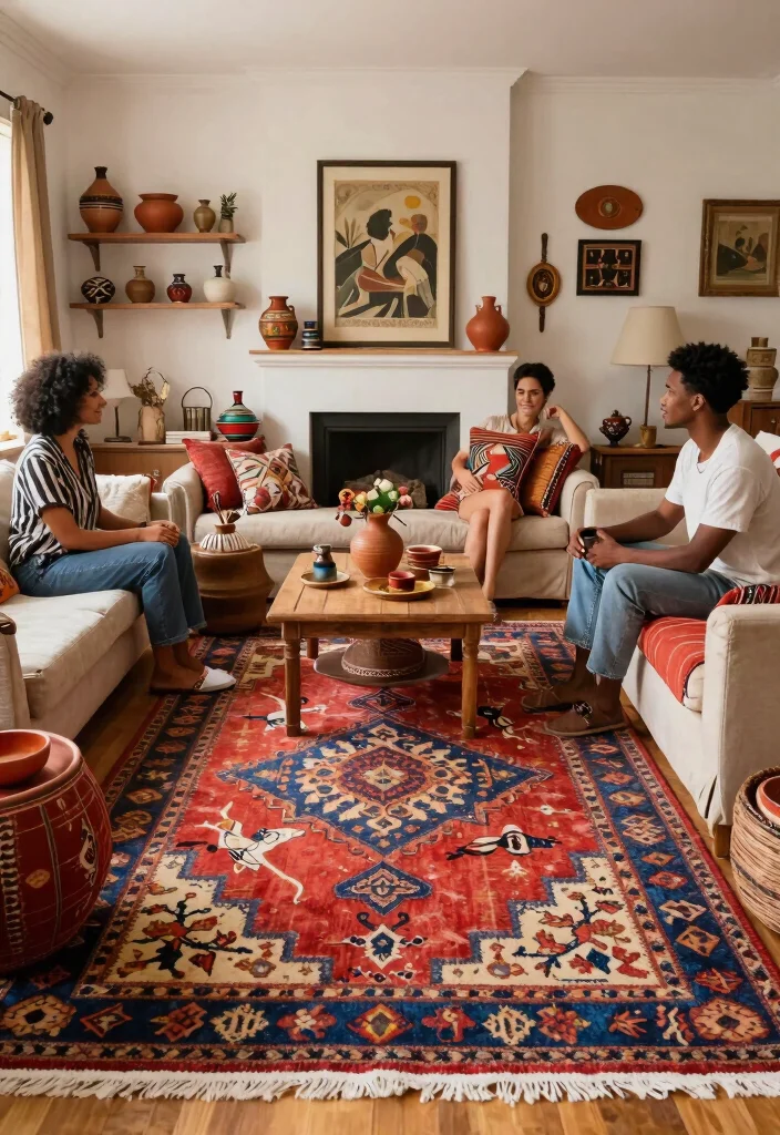 26 Colorful Vintage Rug Living Room Ideas You'll Love - 21. Vintage Rugs and Ethnic Accessories 1