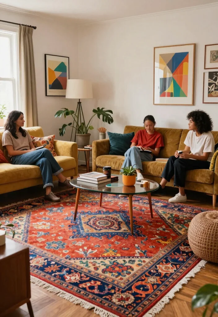 26 Colorful Vintage Rug Living Room Ideas You'll Love - 22. Mixing Vintage and Contemporary Art 1