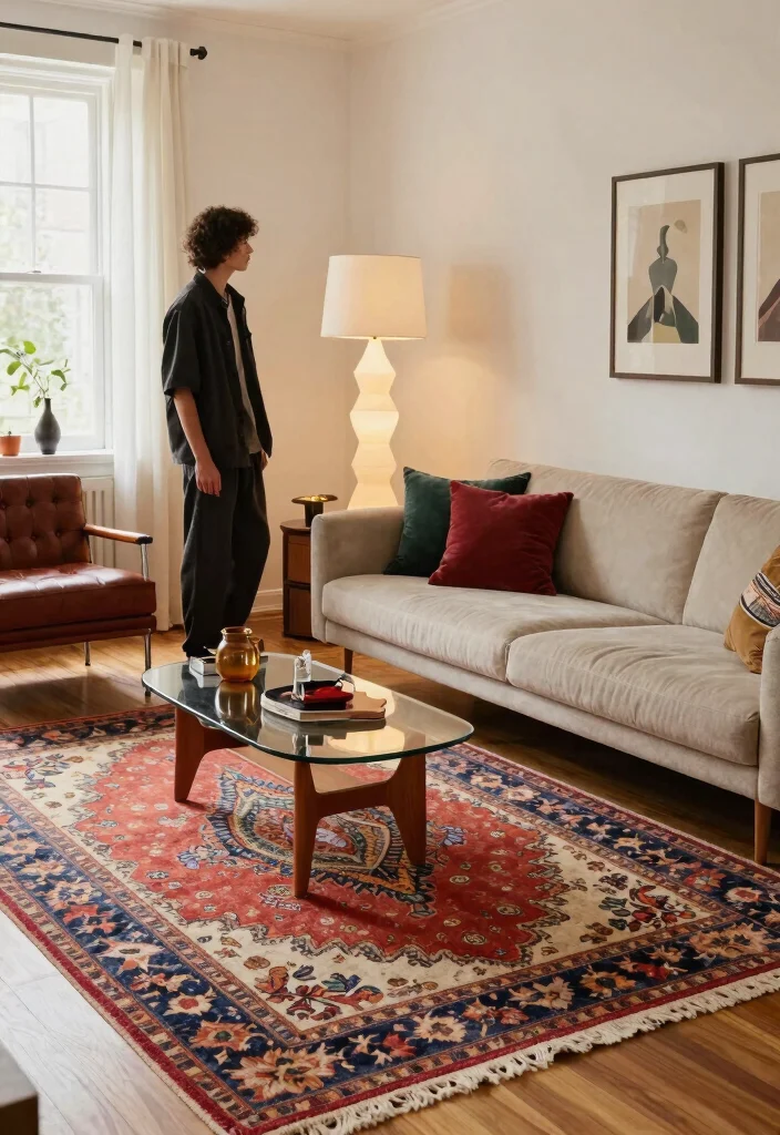 26 Colorful Vintage Rug Living Room Ideas You'll Love - 4. Vintage Charm with Modern Accents 1