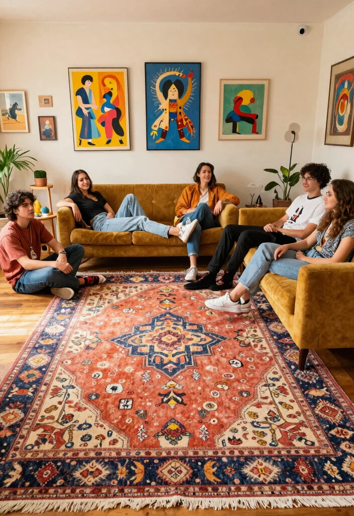 26 Colorful Vintage Rug Living Room Ideas You'll Love - 5. Whimsical Patterns and Colors 1