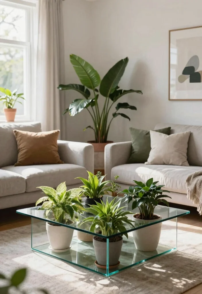 26 Glass Coffee Table Ideas That Open Up Your Living Room - 15. Coffee Table with Integrated Planters 1