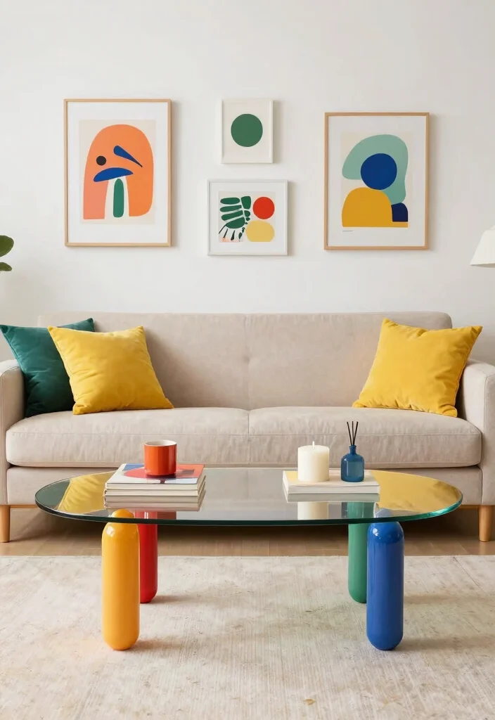 26 Glass Coffee Table Ideas That Open Up Your Living Room - 22. Glass Coffee Tables with Colorful Legs 1