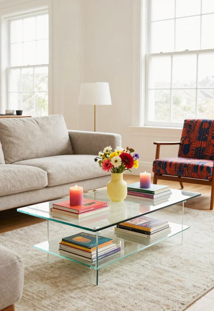 26 Glass Coffee Table Ideas That Open Up Your Living Room - 9. Transparent Glass Table with Colorful Accents 1