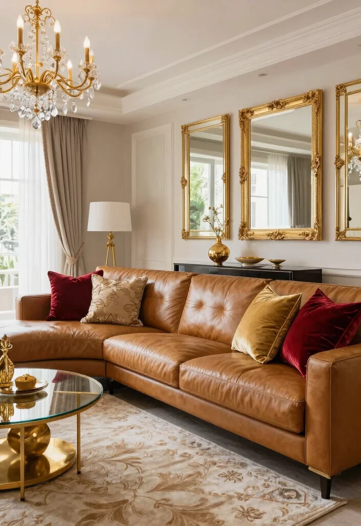 26 Leather Sectional Ideas for a Luxe Living Room - 12. Glamour with Gold 1