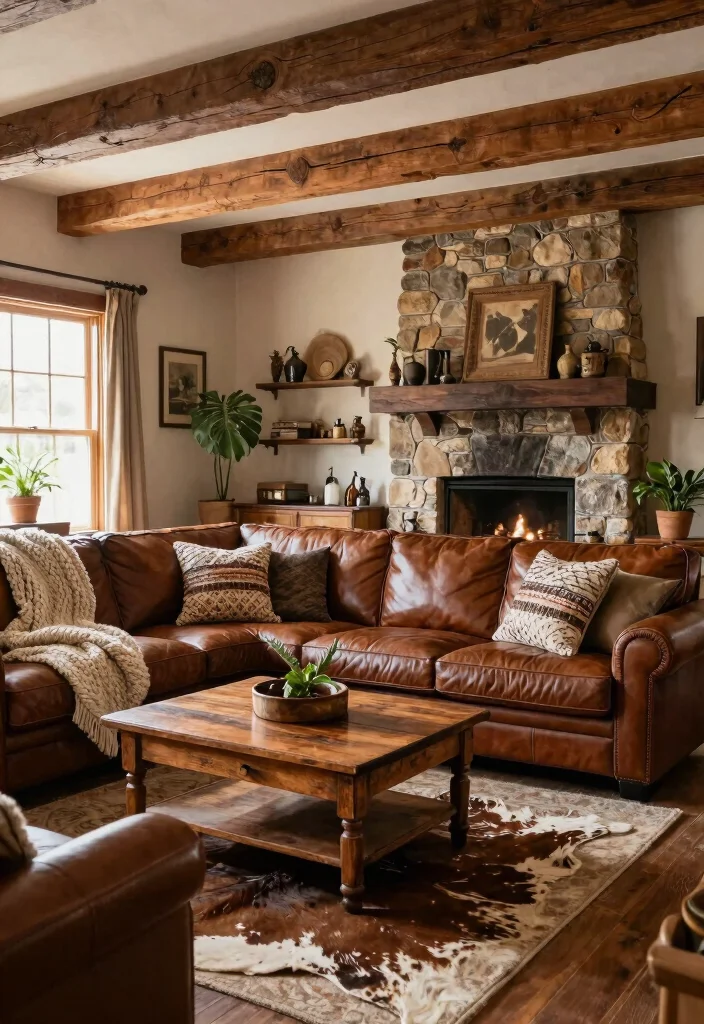 26 Leather Sectional Ideas for a Luxe Living Room - 2. Rustic Retreat 1