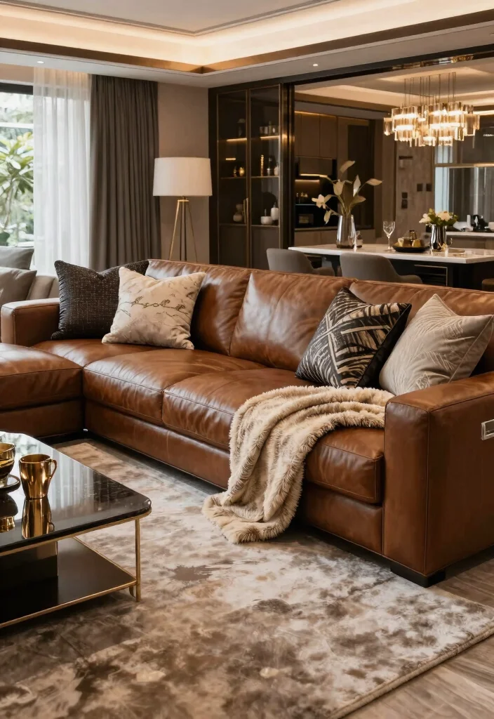 26 Leather Sectional Ideas for a Luxe Living Room - 20. Luxurious Layering 1