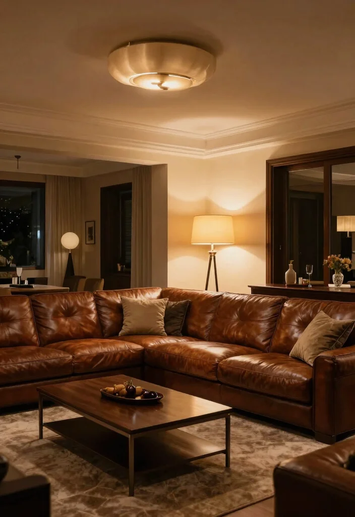 26 Leather Sectional Ideas for a Luxe Living Room - 26. Luxe Layered Lighting 1