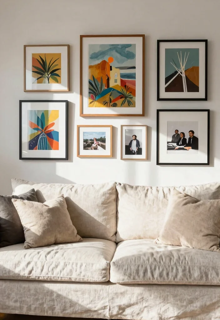 26 Linen Couch Ideas for a Relaxed - 18. Create a Gallery Wall 1