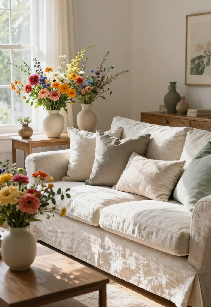 26 Linen Couch Ideas for a Relaxed - 26. Seasonal Florals 1
