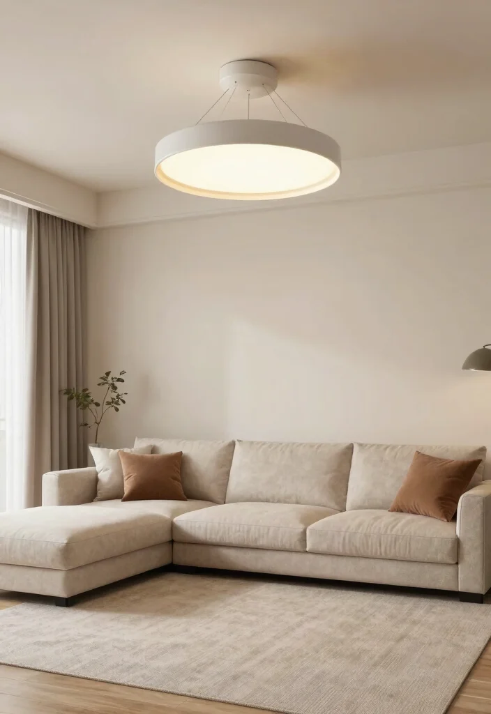 26 Neutral Tone Sectional Sofas for a Timeless Living Room - 25. Statement Lighting Above the Sofa 1