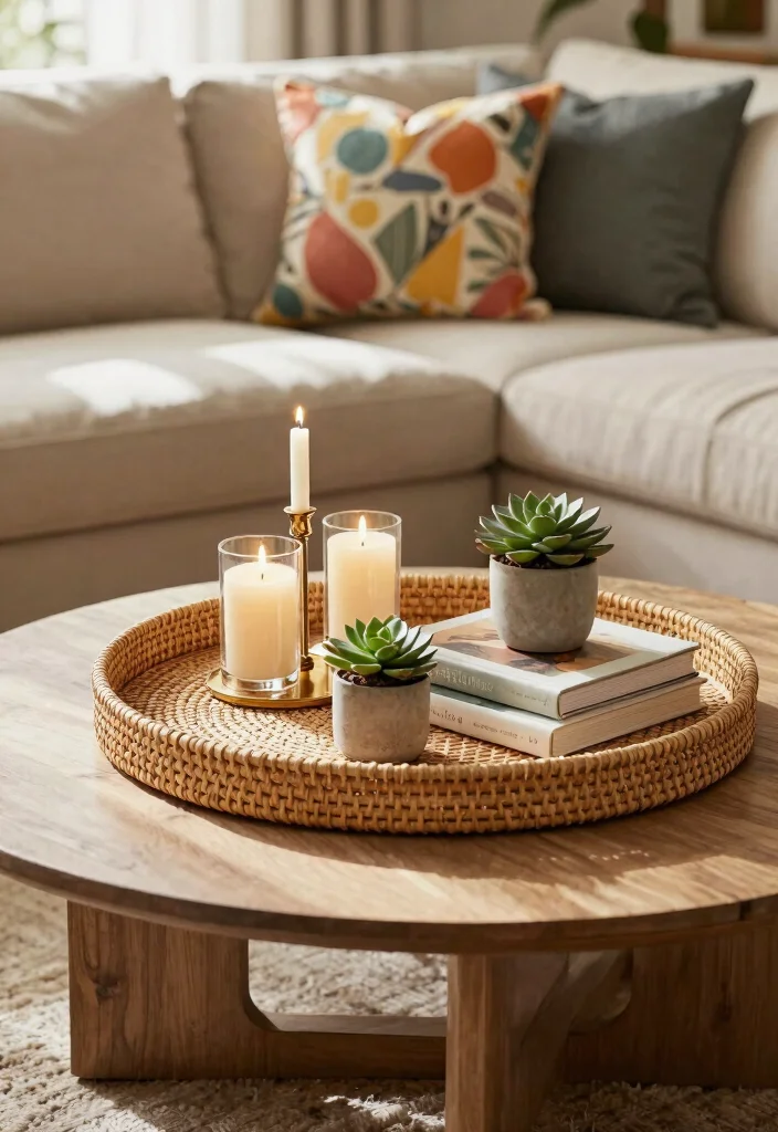 26 Round Coffee Table Ideas to Soften Your Living Room - 10. Layered Accessories 1