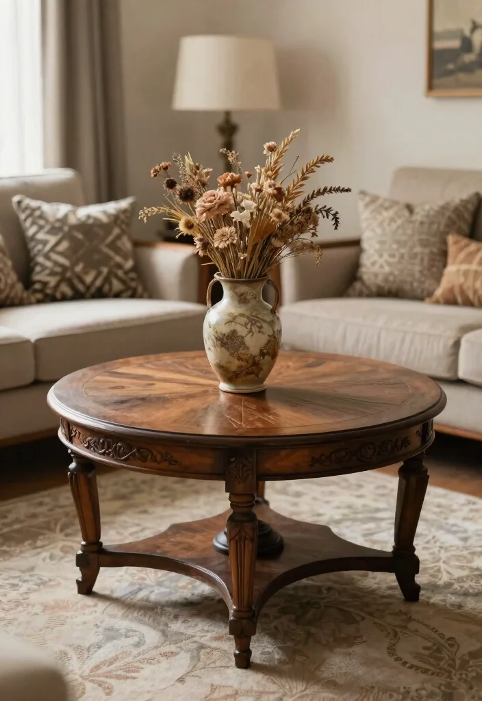 26 Round Coffee Table Ideas to Soften Your Living Room - 12. Vintage Finds 1