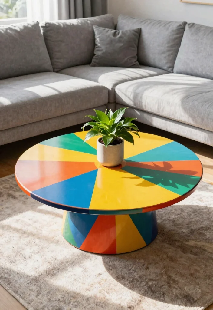 26 Round Coffee Table Ideas to Soften Your Living Room - 13. Playful Patterns 1