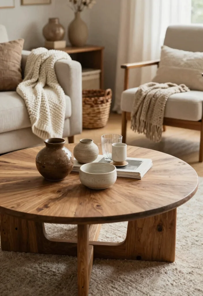 26 Round Coffee Table Ideas to Soften Your Living Room - 19. Mixing Textures 1
