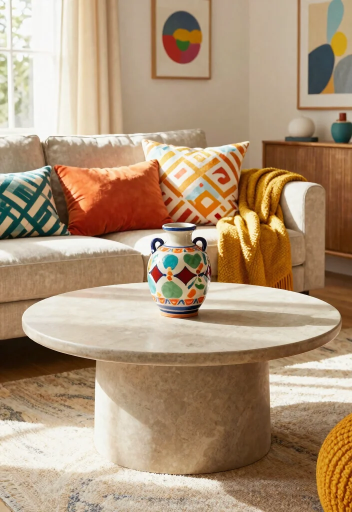 26 Round Coffee Table Ideas to Soften Your Living Room - 20. Colorful Accents 1