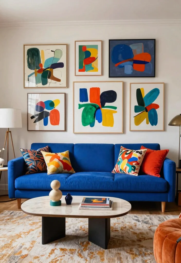 27 Blue Sofas Living Room Ideas That Steal the Show - 11. Artistic Flair 1